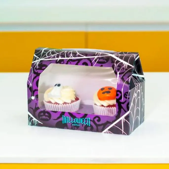 Caja para 2 cupcakes con ventana arañas Halloween 18,5 x 9 x 13 cm