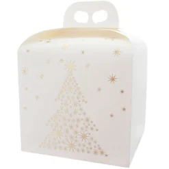 Caja para panettone blanca con árbol y estrellas doradas 20 cm
