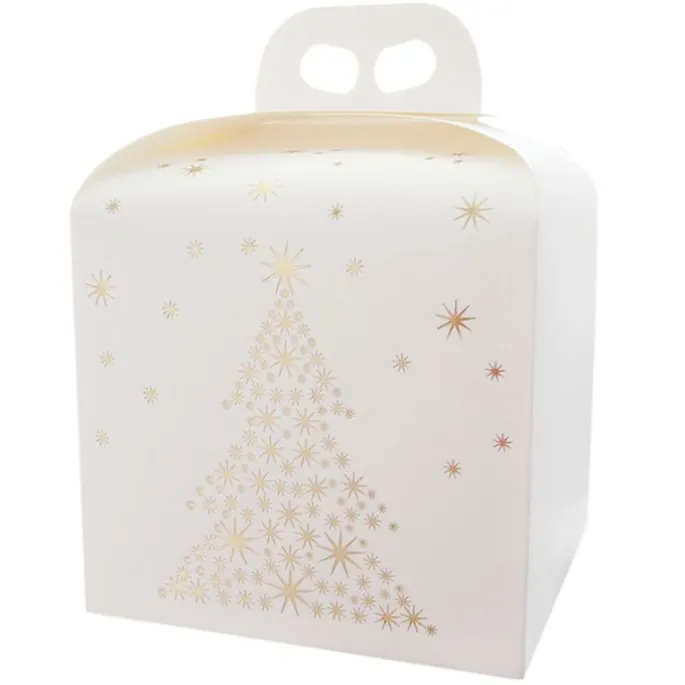 Caja para panettone blanca con árbol y estrellas doradas 20 cm
