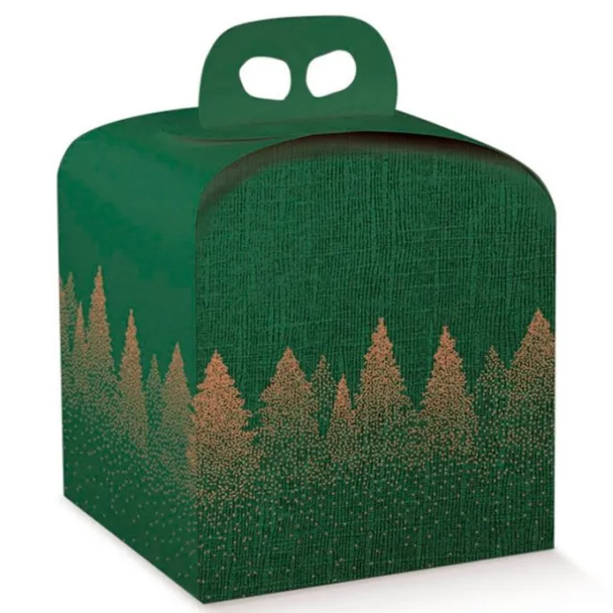 Caja para panettone verde árboles de Navidad 20 cm