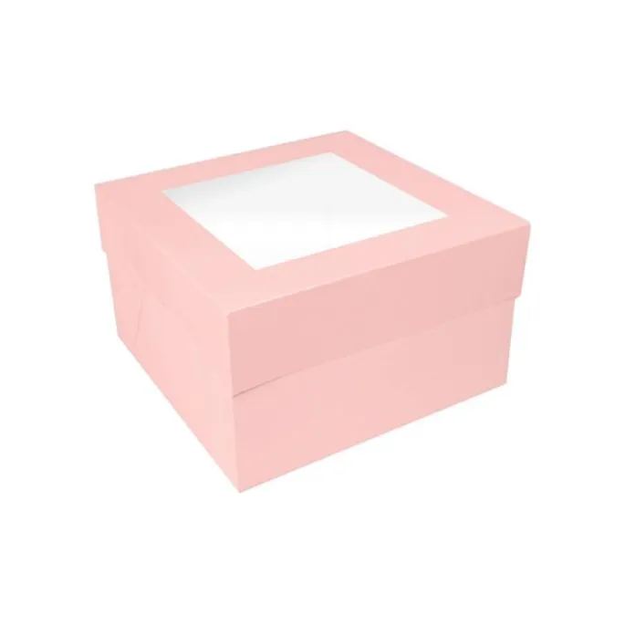 Caja para tarta rosa bebé con ventana 20,3 x 20,3 x 15,2 cm