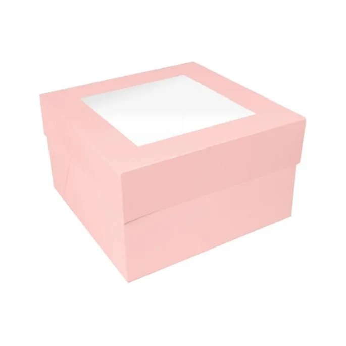 Caja para tarta rosa bebé con ventana 25,4 x 25,4 x 15,2 cm
