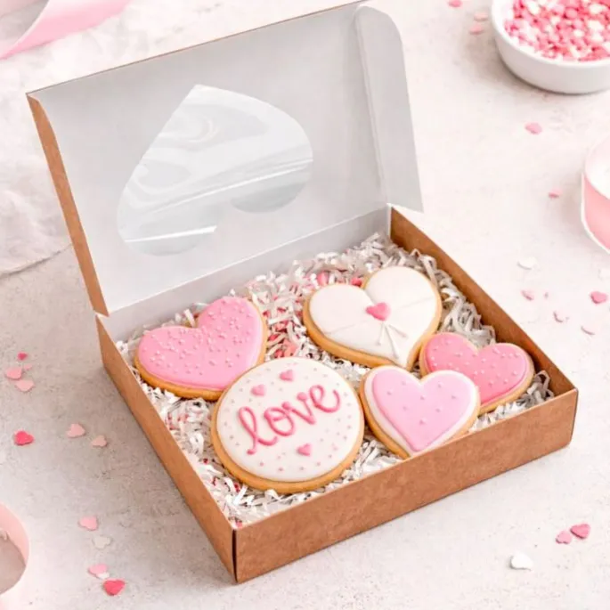 Caja reversible blanca-kraft ventana corazón 17 x 3,5 cm - Pastkolor