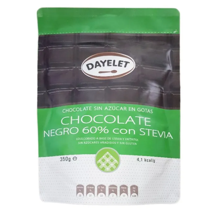 Chocolate sin azúcar negro 60% con stevia 350 gr - Sin gluten - Dayelet