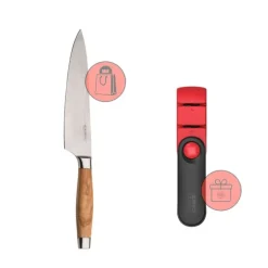 Cuchillo del Chef con mango de madera de olivo 20 cm - Acero damasco - Le Creuset + REGALO afilador