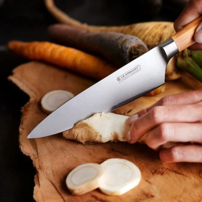 Cuchillo del Chef con mango de madera de olivo 20 cm - Acero damasco - Le Creuset + REGALO afilador