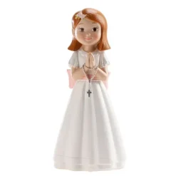 Figura niña de comunión pelo corto con rosario 15,5 cm - Dekora