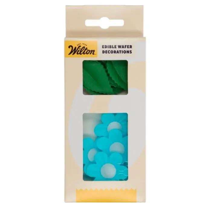 Flores azules y hojas verdes de oblea (11) - Wilton