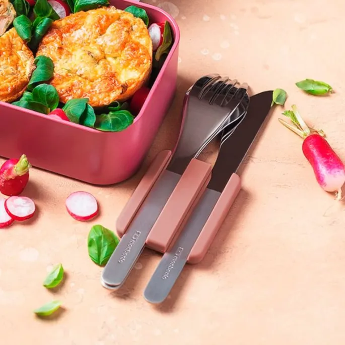 Juego 3 cubiertos con estuche rosa - Acero inoxidable - Monbento