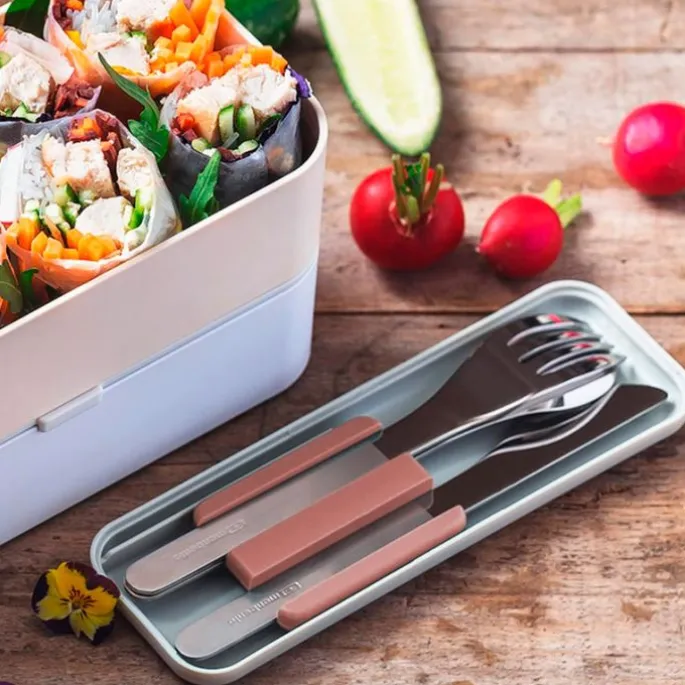 Juego 3 cubiertos con estuche rosa - Acero inoxidable - Monbento