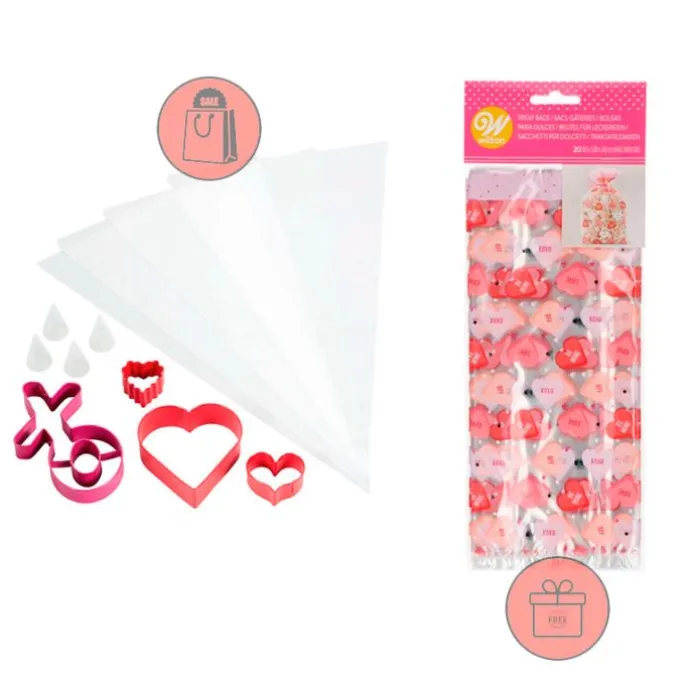 Kit cortadores, mangas y boquillas para galletas San Valentín - Wilton + REGALO bolsas