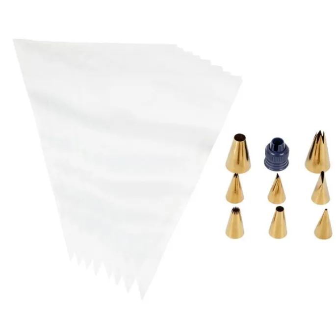 Kit de 8 mangas, 8 boquillas doradas y adaptador - Wilton