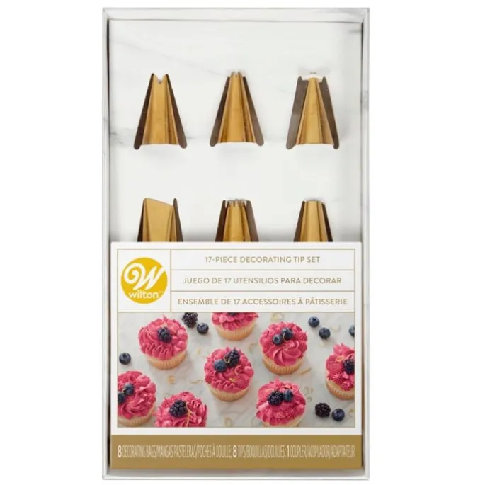 Kit de 8 mangas, 8 boquillas doradas y adaptador - Wilton