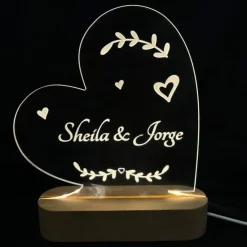 Lámpara personalizada corazón nombres o texto - Metacrilato y madera