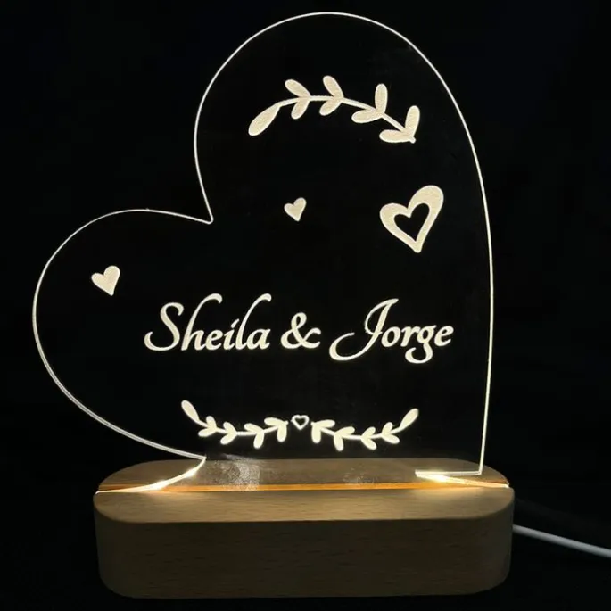 Lámpara personalizada corazón nombres o texto - Metacrilato y madera