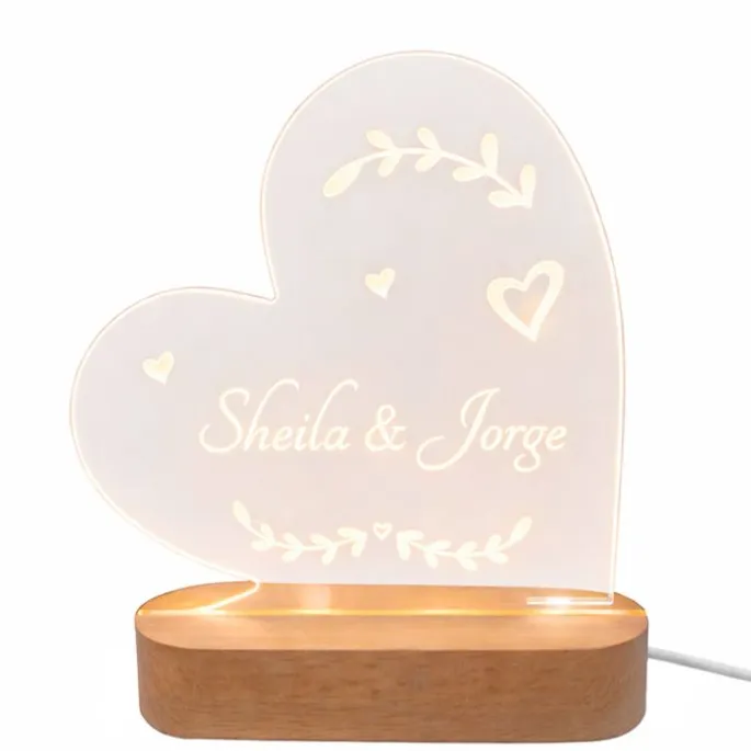 Lámpara personalizada corazón nombres o texto - Metacrilato y madera