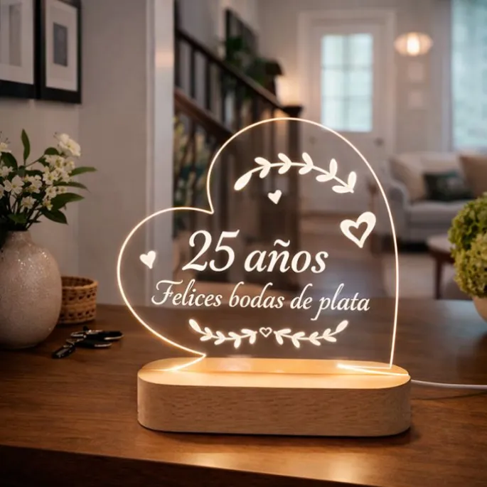 Lámpara personalizada corazón nombres o texto - Metacrilato y madera