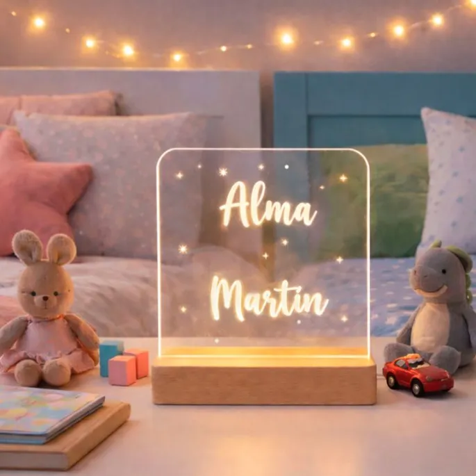 Lámpara personalizada cuadrada nombre o nombres - Metacrilato y madera