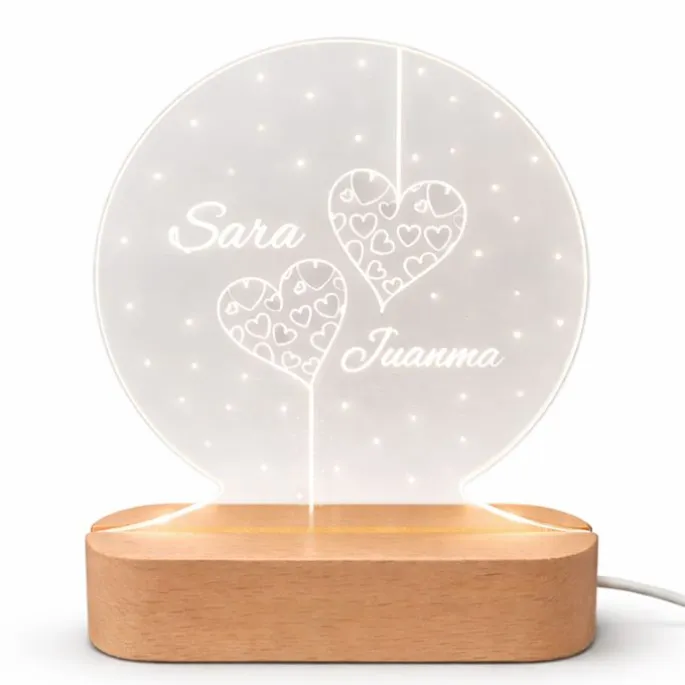 Lámpara personalizada redonda nombres San Valentín - Metacrilato y madera
