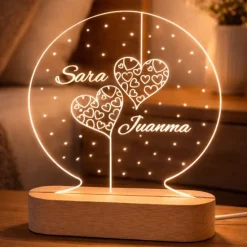 Lámpara personalizada redonda nombres San Valentín - Metacrilato y madera