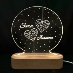 Lámpara personalizada redonda nombres San Valentín - Metacrilato y madera