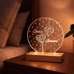 Lámpara personalizada redonda nombres San Valentín - Metacrilato y madera