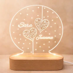 Lámpara personalizada redonda nombres San Valentín - Metacrilato y madera