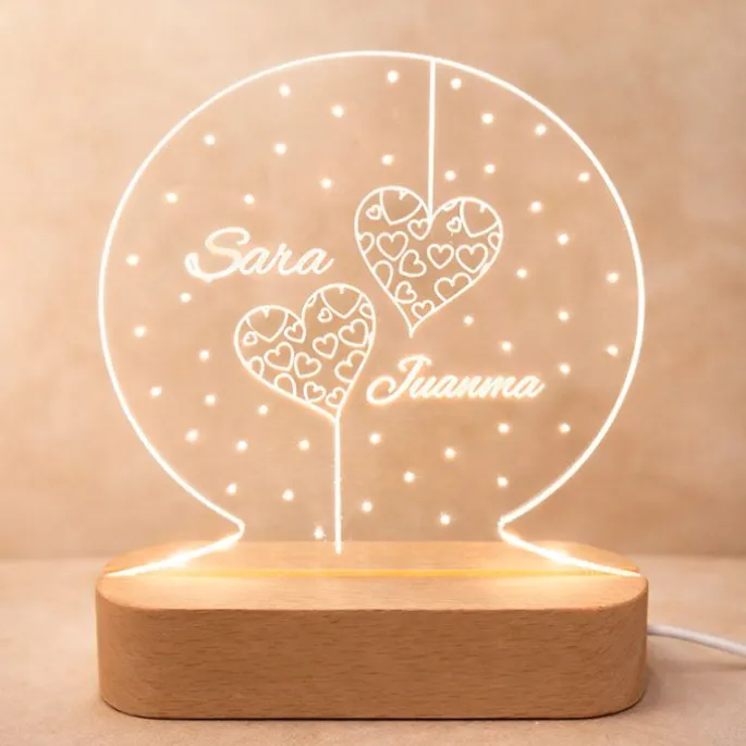Lámpara personalizada redonda nombres San Valentín - Metacrilato y madera