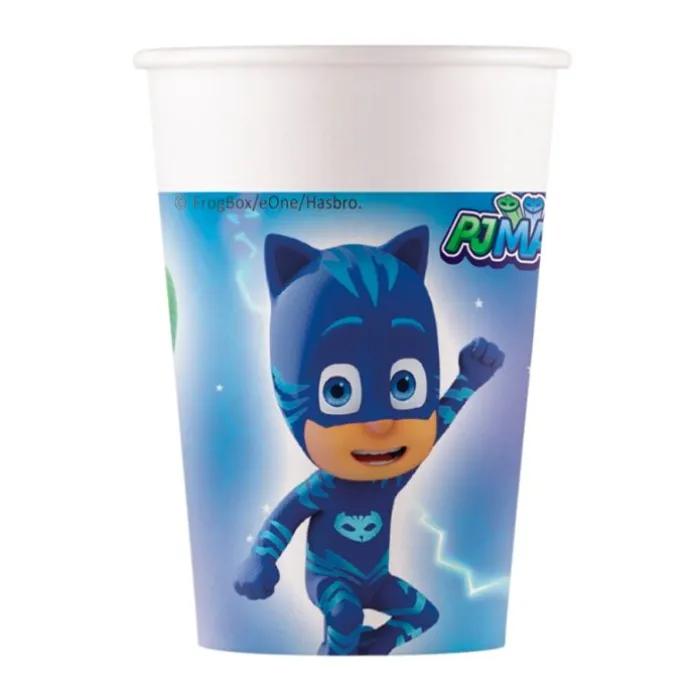 Pack de fiesta: 8 platos, 8 vasos, 25 cápsulas, 1 guirnalda y 1 mantel - PJ Masks
