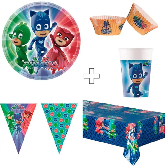 Pack de fiesta: 8 platos, 8 vasos, 25 cápsulas, 1 guirnalda y 1 mantel - PJ Masks