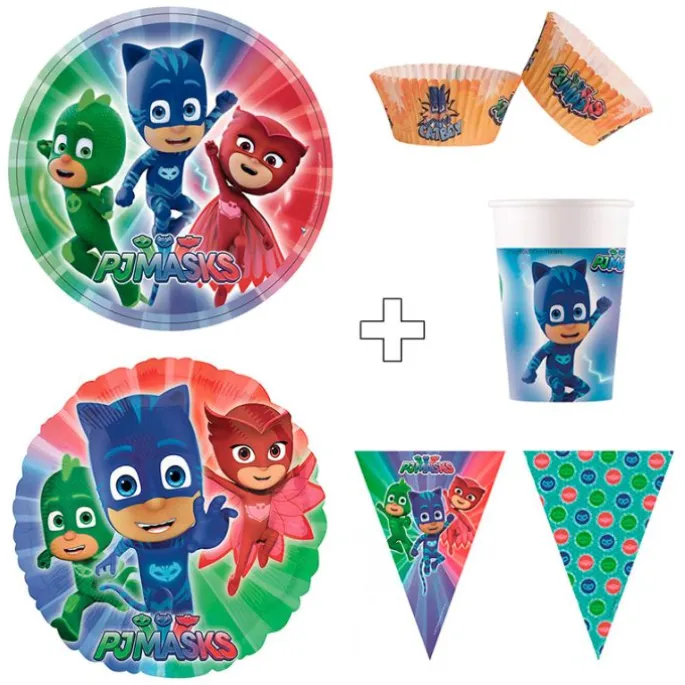 Pack de fiesta: 8 platos, 8 vasos, 25 cápsulas, 1 guirnalda y 1 globo - PJ Masks