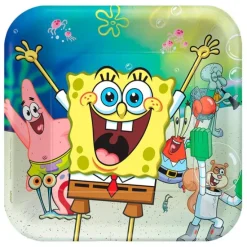 Pack de fiesta: 8 platos, 8 vasos, 40 servilletas, 6 globos, 6 gorritos y 1 figurita - Bob Esponja