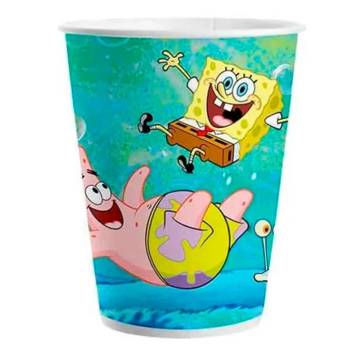 Pack de fiesta: 8 platos, 8 vasos, 40 servilletas, 6 globos, 6 gorritos y 1 figurita - Bob Esponja