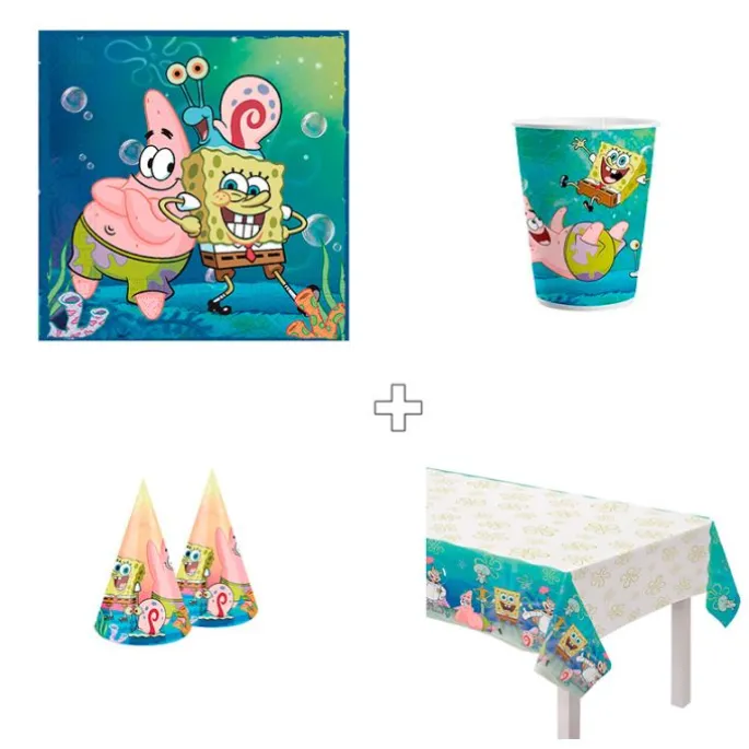 Pack de fiesta: 40 servilletas, 24 vasos, 18 gorritos y 1 mantel - Bob Esponja