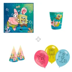 Pack de fiesta: 40 servilletas, 8 vasos, 6 globos y 6 gorritos - Bob Esponja