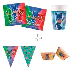 Pack de fiesta: 16 vasos, 20 servilletas, 50 cápsulas y 2 guirnaldas - PJ Masks