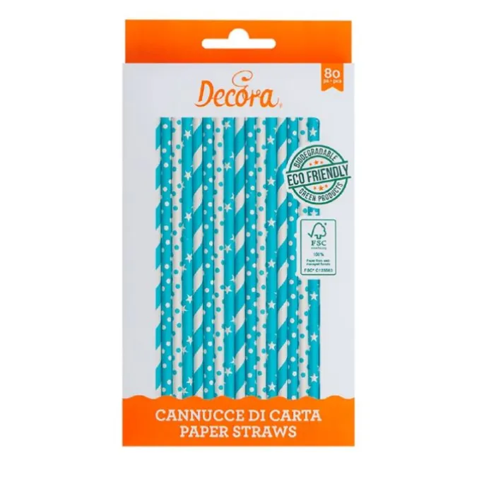 Pajitas de papel blancas y azules lunares, rayas y estrellas (80) - Decora
