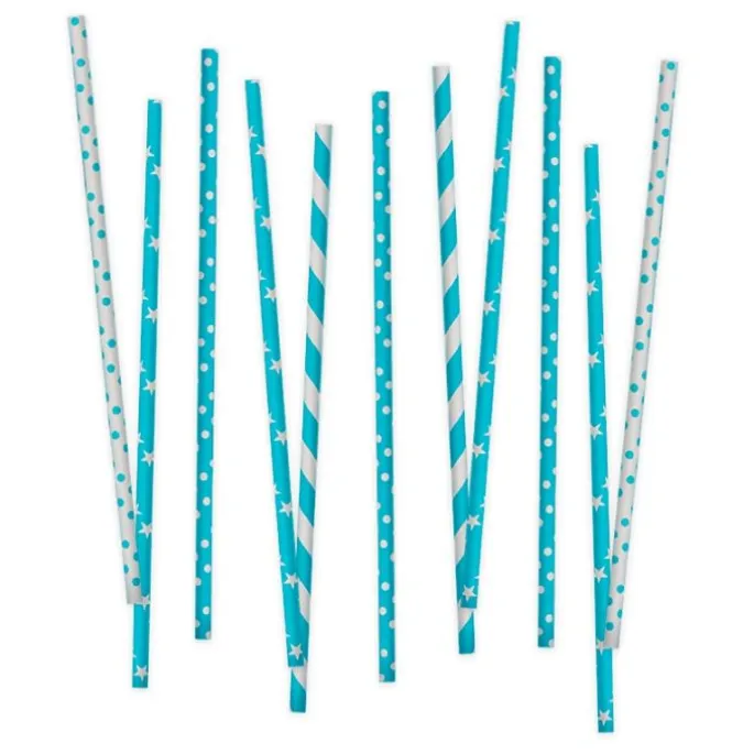 Pajitas de papel blancas y azules lunares, rayas y estrellas (80) - Decora