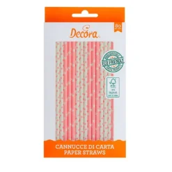 Pajitas de papel blancas y rosas lunares, rayas y estrellas (80) - Decora