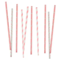 Pajitas de papel blancas y rosas lunares, rayas y estrellas (80) - Decora