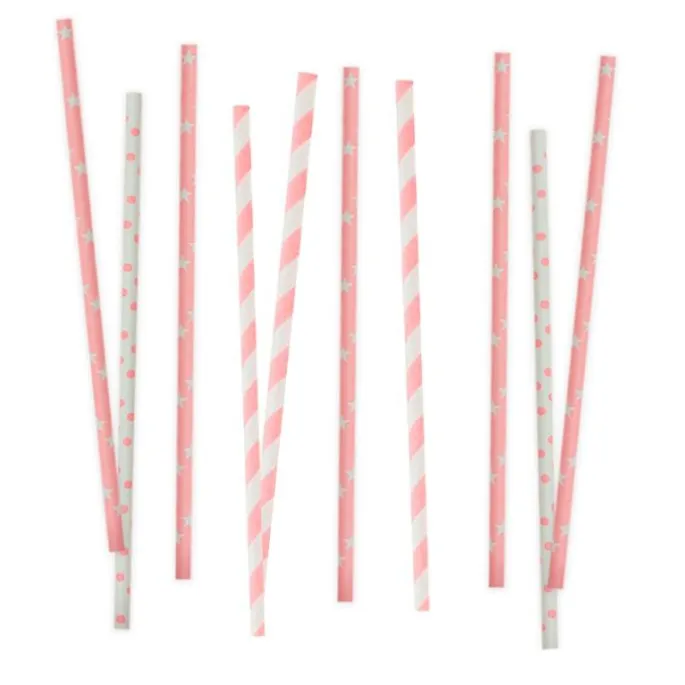 Pajitas de papel blancas y rosas lunares, rayas y estrellas (80) - Decora