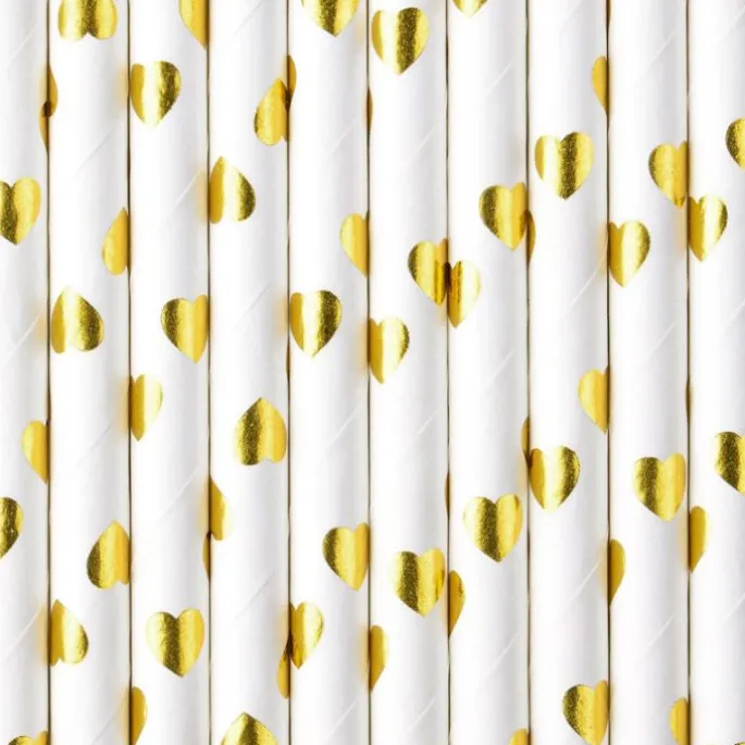 Pajitas de papel corazones dorados metalizados (10) - PartyDeco
