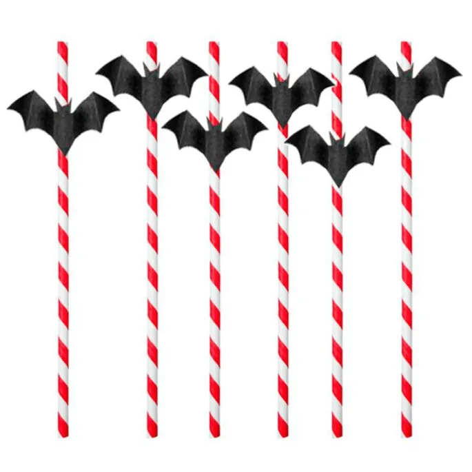 Pajitas de papel rayas rojas con murciélagos (6) - PartyDeco