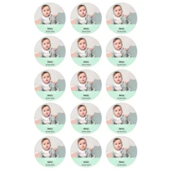 Papel de azúcar con foto, nombre y fecha personalizada círculo 5 cm (15) - Mi Bautizo