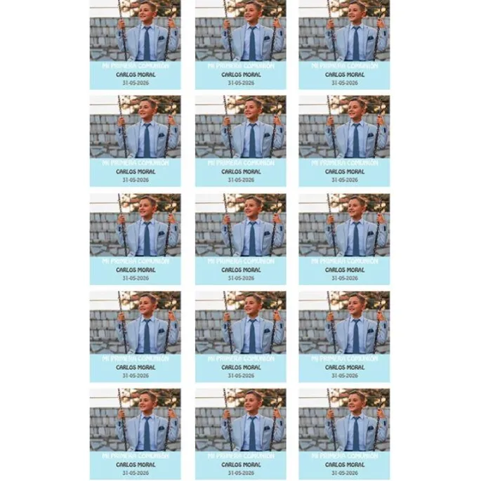 Papel de azúcar con foto, nombre y fecha personalizada cuadrado 5 cm (15) - Mi Primera Comunión