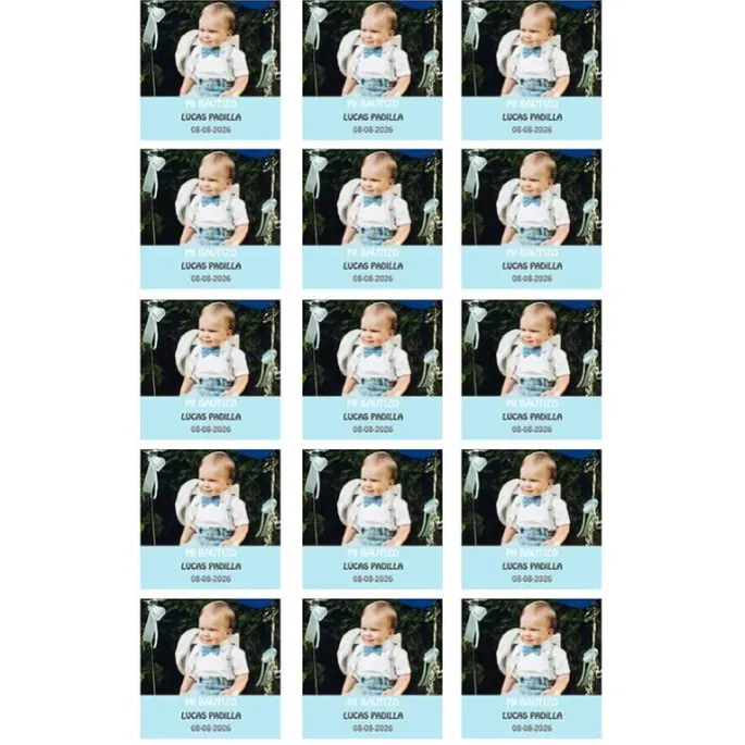 Papel de azúcar con foto, nombre y fecha personalizada cuadrado 5 cm (15) - Mi Bautizo