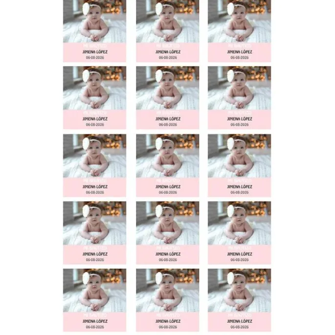 Papel de azúcar con foto, nombre y fecha personalizada cuadrado 5 cm (15) - Mi Bautizo