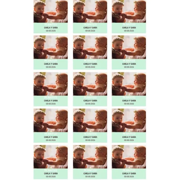 Papel de azúcar con foto, nombre y fecha personalizada cuadrado 5 cm (15) - Mi Bautizo