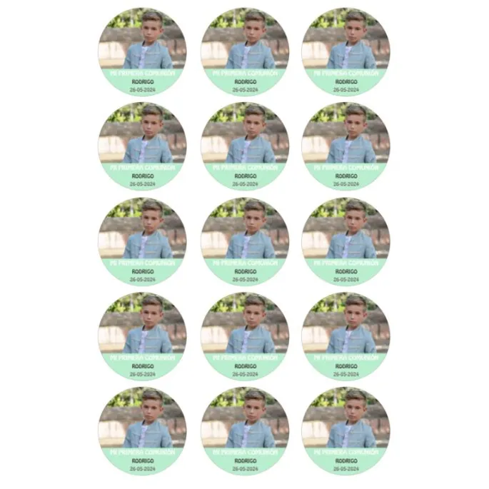 Papel de azúcar con foto, nombre y fecha personalizada círculo 5 cm (15) - Mi Primera Comunión
