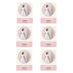 Papel de azúcar con foto, nombre y fecha personalizada - Mi primera Comunión rosa 6 x 8 cm (6)